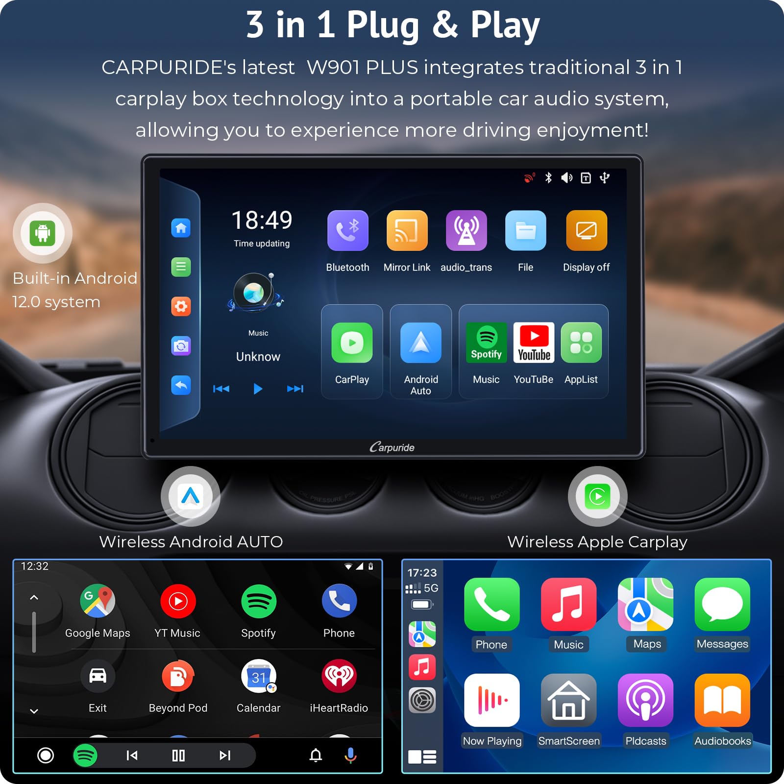2024] CARPURIDE W901 Plus, 3 em 1 Apple CarPlay e Android Auto e